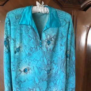 Vintage style Cashmere satin collar aqua sweater sz M